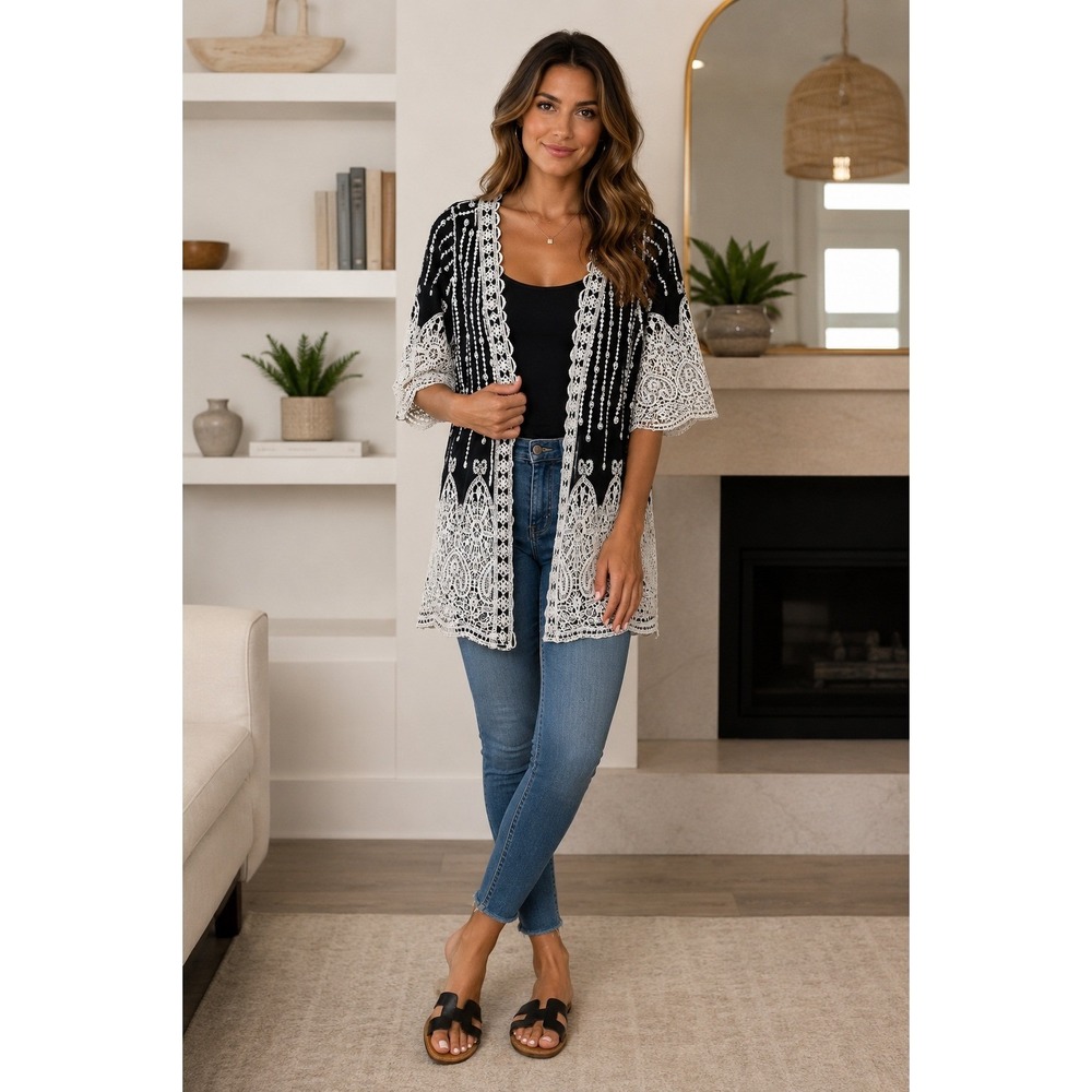 Ember Womens Black White Embroidered Lace Kimono Cardigan Small Boho romantic